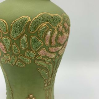 Antique 1909 Art Nouveau Green Coralene Floral Vase Japan Kinran Patent Mark 3