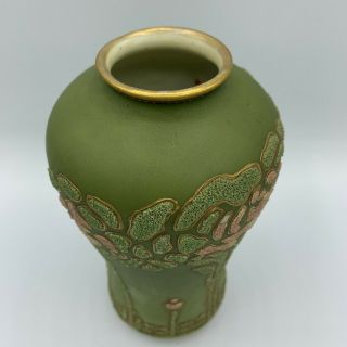 Antique 1909 Art Nouveau Green Coralene Floral Vase Japan Kinran Patent Mark 4