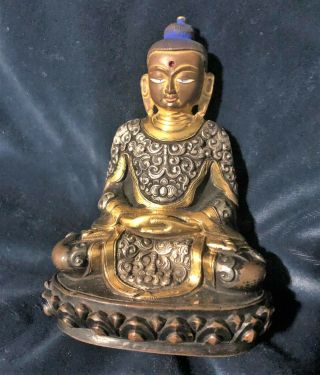 Very Fine Antique Chinese Tibetan Bronze Buddha With Silver & Gold Marked
