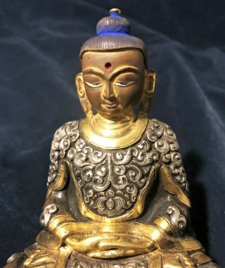 Very Fine ANTIQUE CHINESE TIBETAN BRONZE BUDDHA with SILVER & GOLD marked 2