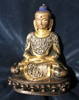 Very Fine ANTIQUE CHINESE TIBETAN BRONZE BUDDHA with SILVER & GOLD marked 6