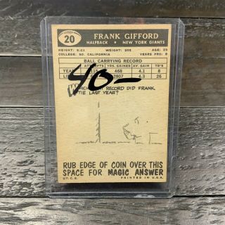 1959 Topps Frank Gifford York Giants 20 Football Card 2