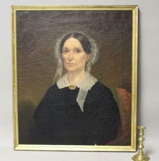 A 19th C Oil/canvas Portrait Of A Woman In Black Dress And A White Bonnet