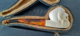 Lion Hand Carved Block Meerschaum Pipe With A Fitted Case