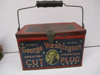 George Washington Cut Plug Tabacco Tin Container Lunch Pail With Clasp & Handle