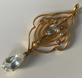 Elegant Antique Art Nouveau 15ct Gold Pendant Aquamarine & Seed Pearl