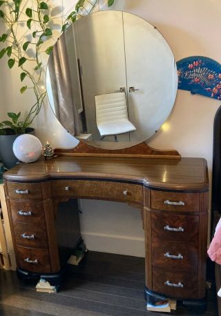 Glamorous Walnut Art Deco Desk / Vanity – Vintage Antique,