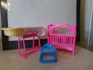 Barbie Pink Plastic Baby Nursery Doll Crib Changing Bathing Table