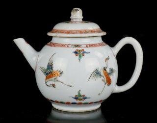 Antique Chinese Famille Verte Iron Red Porcelain Crane Teapot & Lid Kangxi 18thc