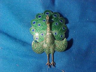 Vintage Siam Hand Crafted Sterling Silver Enameled Figural Peacock Pin