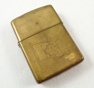 Vintage Solid Brass Zippo Lighter W/ Canada Flag