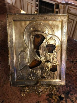 Fine Antique Russian 84 Mark Silver Gold Plated Icon With The Mother Of God Ozer