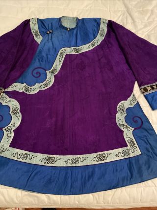 Antique Chinese Qing Dynasty Embroidered Silk Robe Blue Purple - 1920