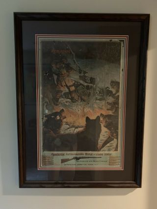 1909 Remington Arms Advertising Hunting Poster Wolves Around Campfire