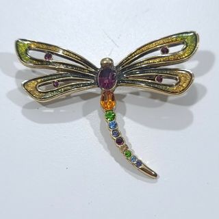Vintage Monet Dragonfly Brooch Gold Tone Enamel Rhinestones Jewelry Pin