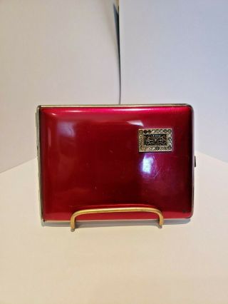 Vintage Red Enamel Cigarette Case With Rhinestone & Filigree Decoration