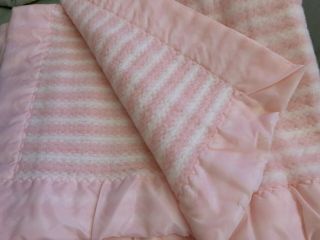 Vintage Baby Blanket Pink & White Waffle Weave Stripe Nylon Satin Trim 34x48