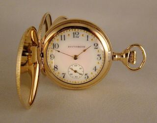 109 Years Old South Bend 14k Gold Filled Hunter Case Fancy Dial Pocket Watch
