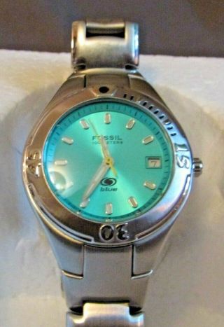 " Fossil Blue " Silver - Tone Stainless Steel Ladies 5 " Watch W/date & W/luminous Dial
