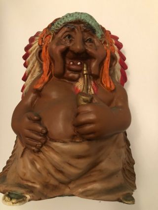 Vintage Resin Indian Smoking A Pipe.  Made By Universal Statuary 1973.  Man Cave