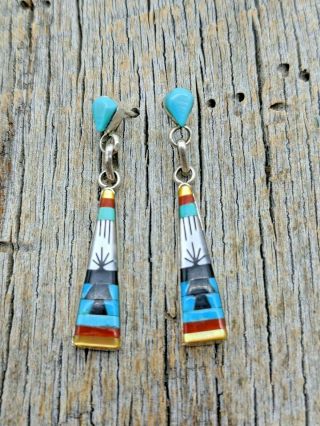 Vintage Zuni Signed M.  R.  Noche Sterling Turquoise Mosaic Inlay Dangle Earrings