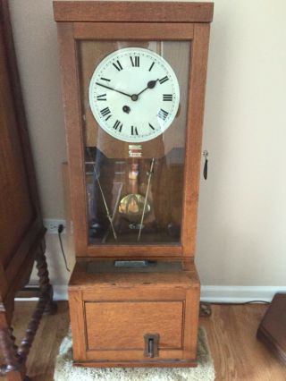 Antique International Time Recording,  Time Punch Clock,  With Key,  Oak Wood