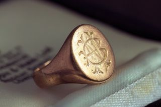 Antique English 9k Rose Gold Signet Ring Pinky Ring Monogram Initials Nb / Bn