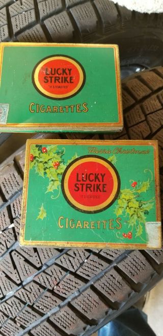 2 Antique Lucky Strike Tobacco Cigarette Tins Christmas