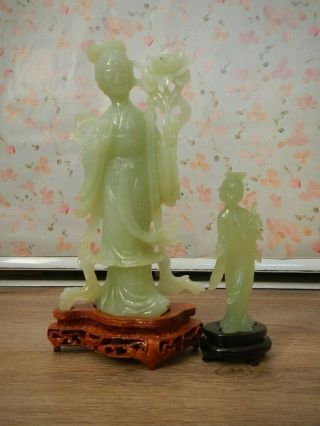 Chinese Detailed Serpentine Jade Guanyin Or Fairy Figurines Set Of Two