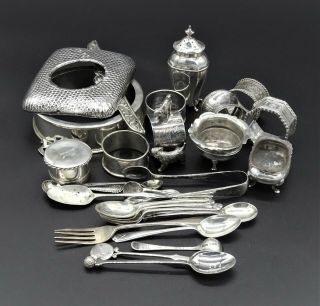 Joblot Mixed Silver 925 Sterling Items 668g Teaspoons Napkin Rings All Marked