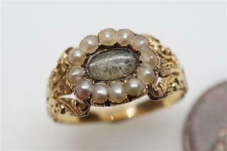 Antique Georgian English 18k Gold & Pearl Hair Locket Mourning Ring C1820