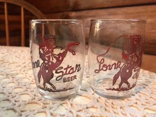 Vintage Lone Star Beer Barrel Glass With A Roping Cowboy On Horse - Set Of 2