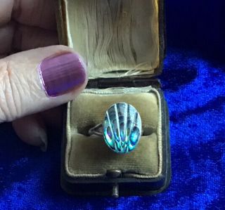 Glowing Vintage Solid Silver & Real Abalone Shell Set Ring Size M