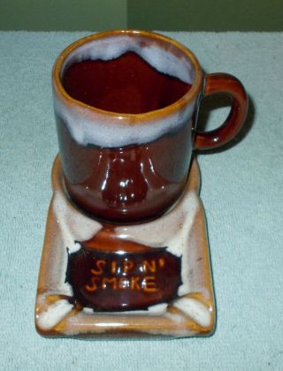 Vtg Taiwan Ceramic Sip N Smoke Mug Personal Ashtray Coaster Set Brown Drip,