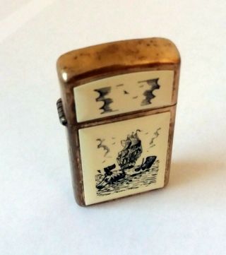 Vintage Zippo Slim Lighter Scrimshaw Whaling And Ship Brass 1992 C Made In Usa