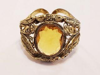 Vintage Whiting And Davis Glass Amber Color Ornate Hinged Clamper Bracelet