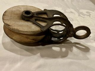 Antique Vintage Myers OK Barn Pulley Cast Iron Wood Steampunk Great Piece 11” 3