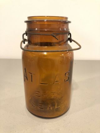Vintage Atlas E - Z Seal Glass Mason Fruit Atmospheric Jar Amber W/ Clasp (no Lid)