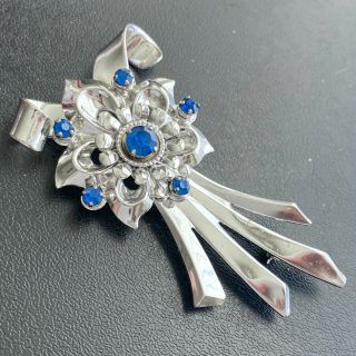 Signed Barclay Vintage Silver Tn Ribbon Flower Sapphire Rhinestone Brooch Pin 28