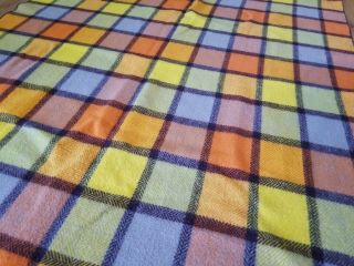 Vintage Amana Woolen Mills Wool Blanket Plaid Squares Throw Fringe Orange 50x57