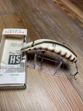 Vintage Fishing Lure Helin’s Flat Fish Wood Rare Color Tough Old Bait W/box