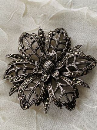 Vintage Silver Marcasite Flower Brooch