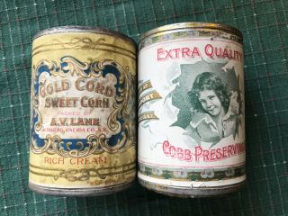 Vintage corn and raspberry tin cans early 1900 ' s paper labels 2