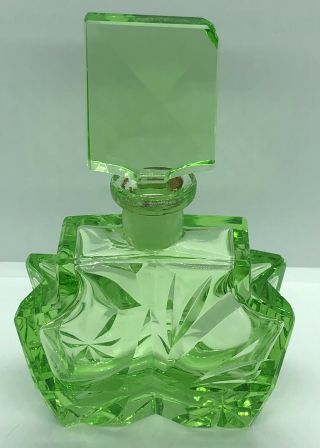 Vintage Art Deco Green Uranium Vaseline Glass Perfume Bottle Chips Topper / Side