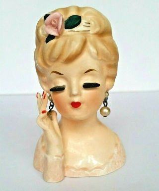 Vintage 1961 Inarco Japan E - 480b Mini Lady Head Vase Pearl Earrings 3.  5 " Label