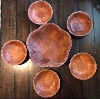 Vintage Woven Wood Formosa Salad Bowls Pressed Wood Weave Set Of 6 Boho Mcm