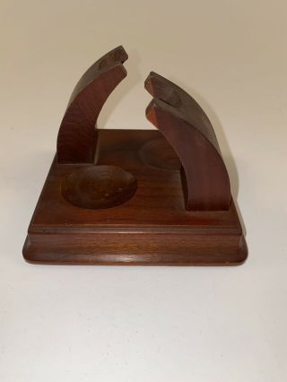 Vintage Deco Curved Walnut Wood 2 Tobacco Pipe Stand Holder Wooden Rack Unmarked