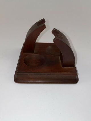 Vintage DECO Curved Walnut Wood 2 Tobacco Pipe Stand Holder Wooden Rack Unmarked 2