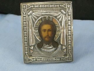 Antique Russian Miniature Silver Travelling Icon Hand Painted Christ Jesus 1800s