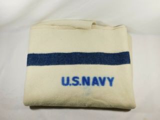 Vintage Wwii U.  S.  Navy Military White With Blue Stripe Wool Blanket 72 " X 64 "